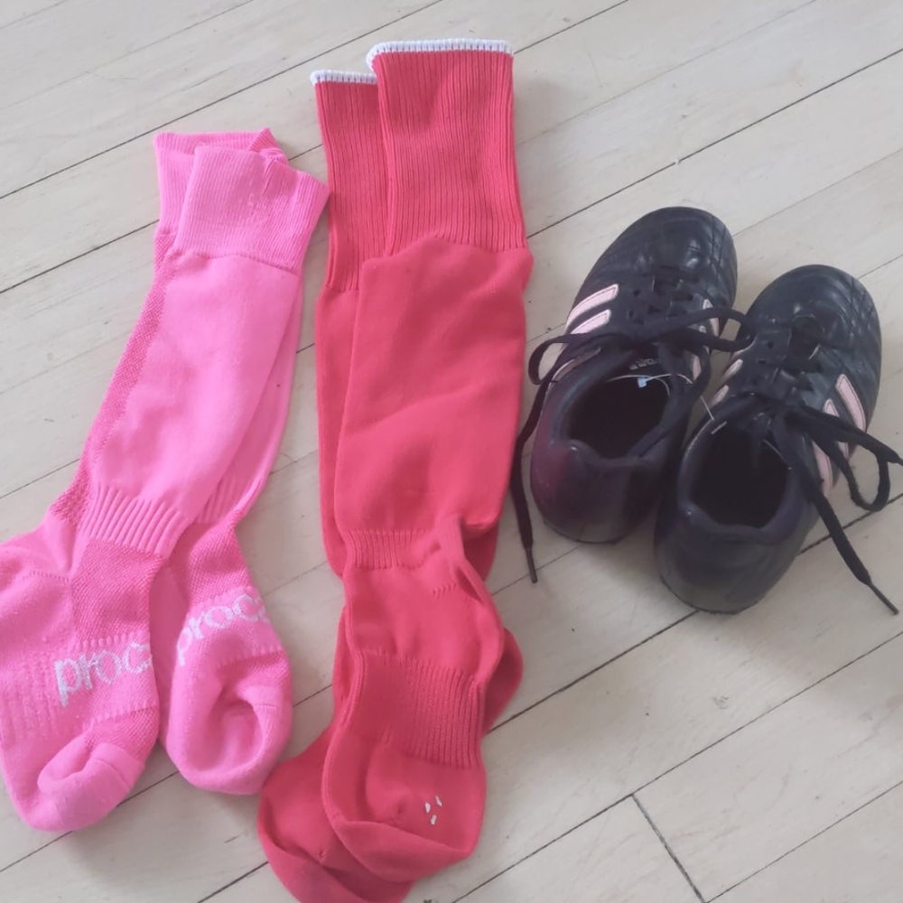 Girls soccer cleats, socks and shin guards